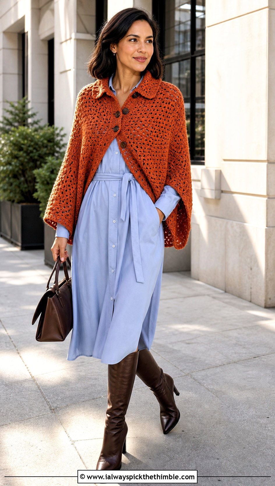 Button Collar Crochet Poncho With Shirt Dress - 20 Crochet Poncho With Collar outfit ideas