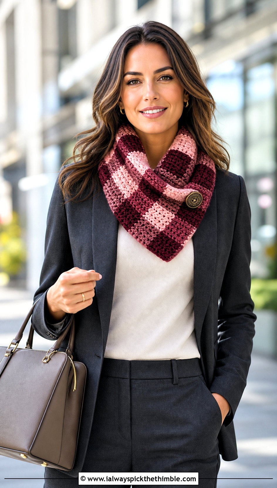 Button Cowl Buffalo Plaid Crochet Scarf With Blazer - 15 buffalo plaid crochet scarf outfit ideas