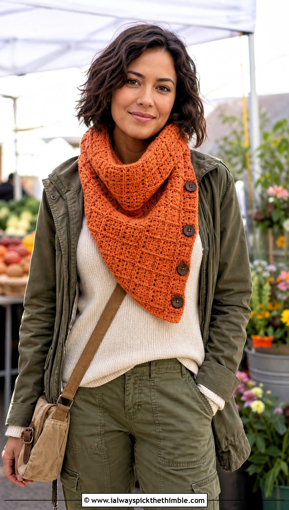 Button Cowl Waffle Stitch Crochet Scarf With Utility Jacket - 20 waffle stitch crochet scarf outfit ideas