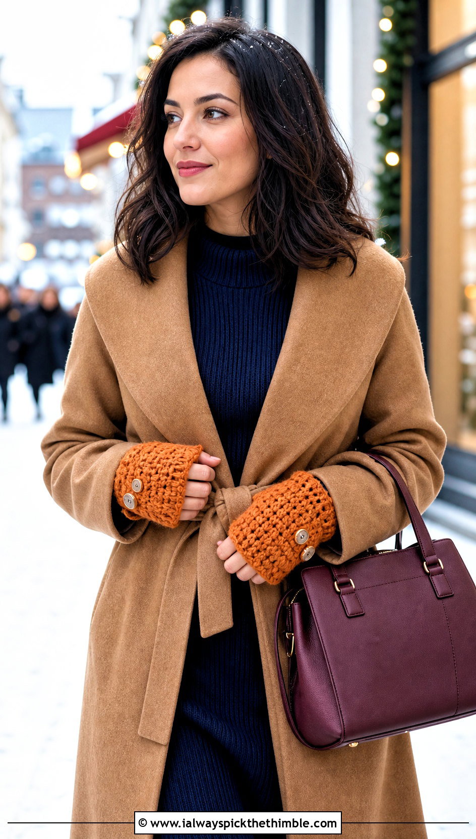 Button Cuff Chunky Yarn Crochet Fingerless Gloves With Sweater Dress - 20 chunky yarn crochet fingerless gloves outfit ideas