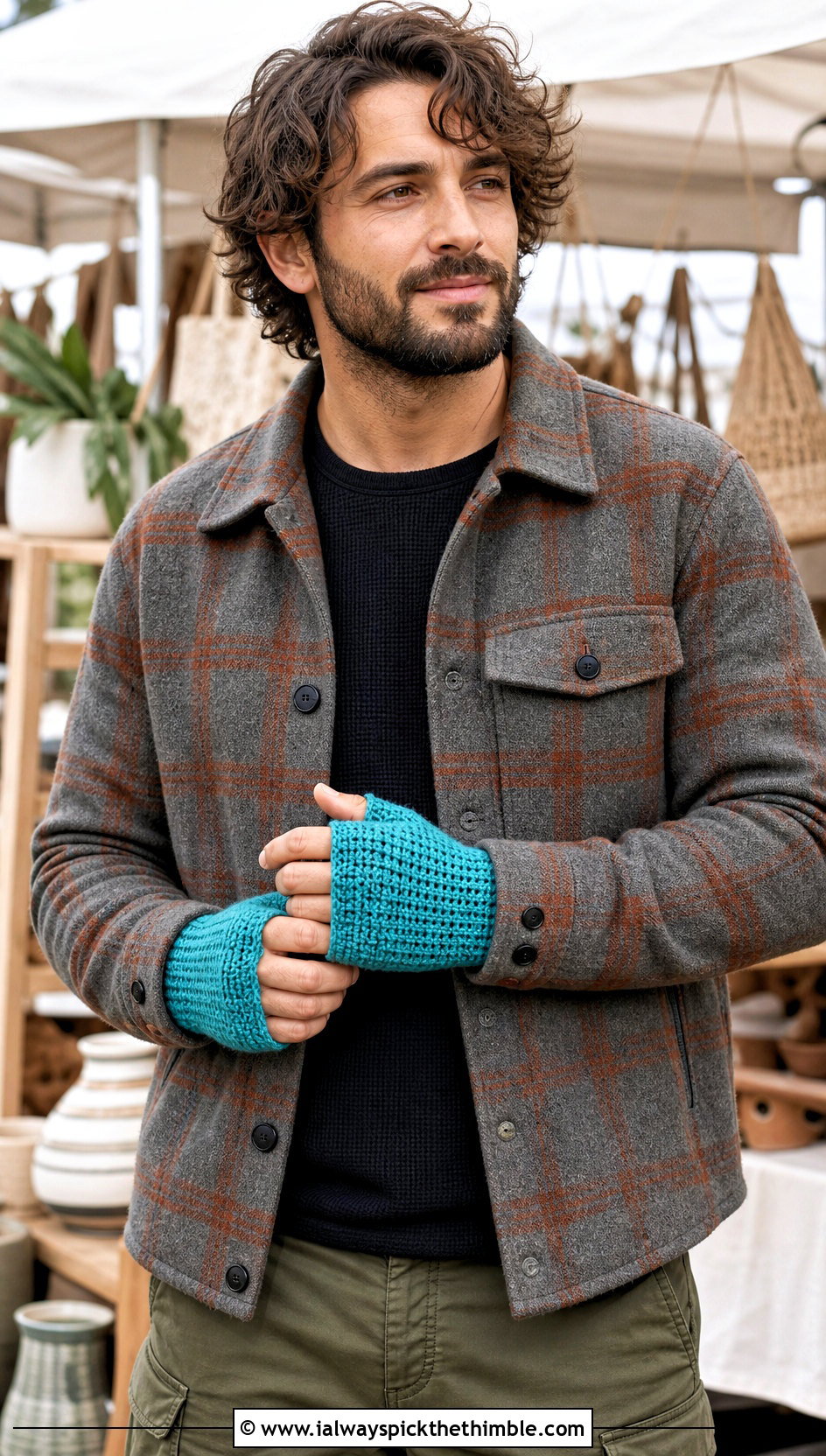 Button Cuff Crochet Fingerless Gloves With Shacket - 20 Crochet Mens Gloves outfit ideas