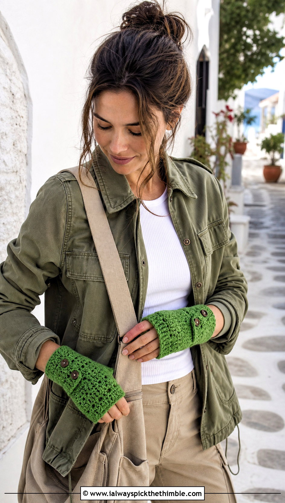 Button Cuff Crochet Fingerless Gloves With Utility Jacket - 20 Simple Crochet Fingerless Gloves outfit ideas