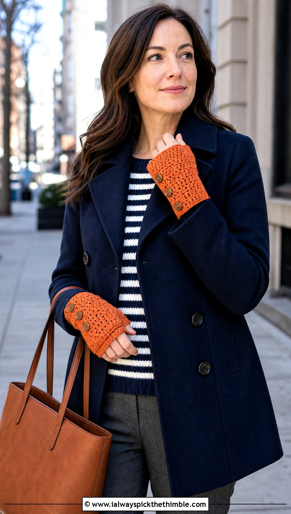 Button Cuff Crochet Fingerless Mittens With Peacoat And Ankle Pants - 20 crochet fingerless mittens outfit ideas