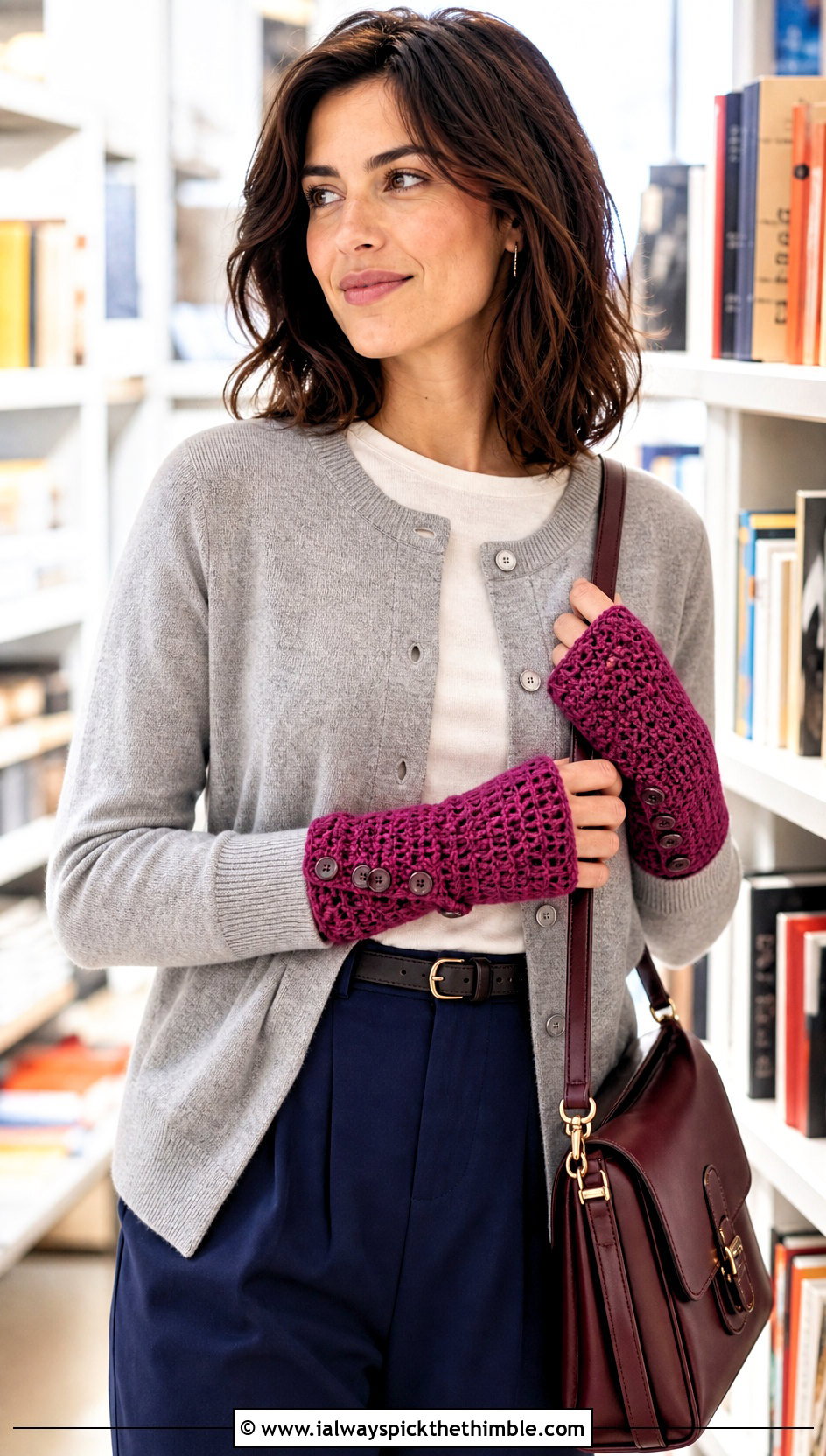 Button Cuff Crochet Fingerless Mitts With Cardigan And Pleated Pants - 20 Crochet Fingerless Mitts outfit ideas