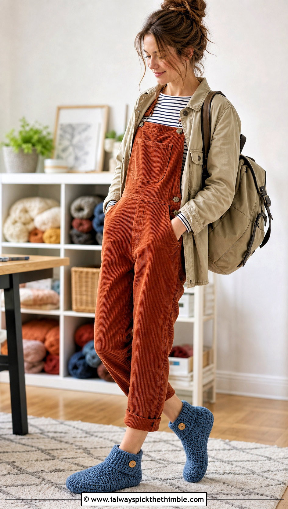 Button Cuff Crochet Slippers With Corduroy Overalls - 25 easy crochet slippers adult outfit ideas
