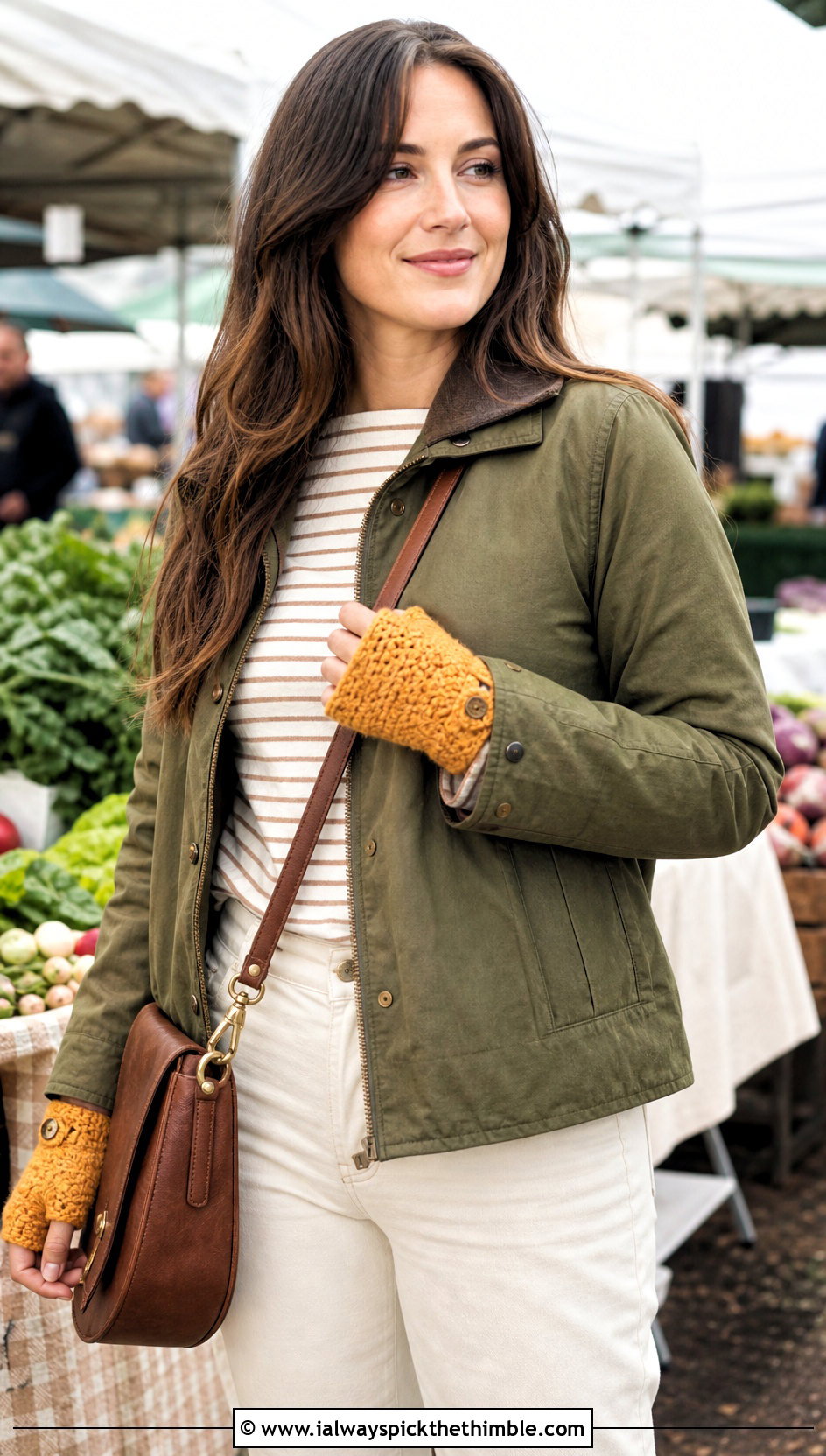 Button Cuff Crocheted Fingerless Gloves With Barn Jacket And Ecru Jeans - 20 crocheted fingerless gloves outfit ideas
