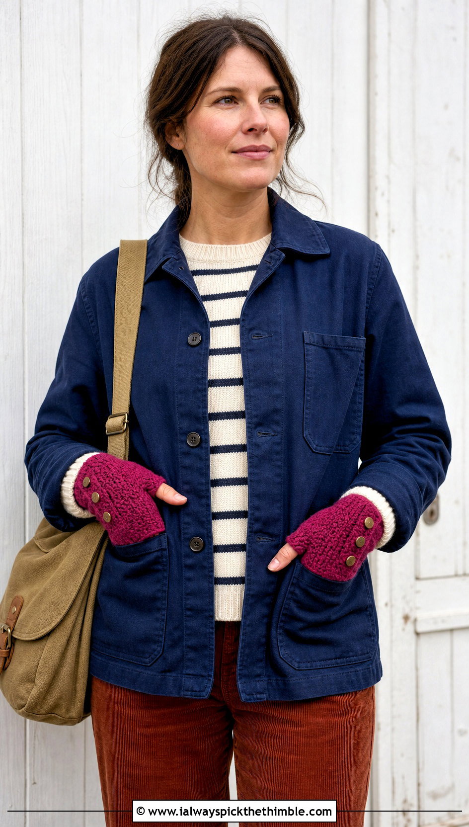 Button Cuff DK Yarn Crochet Fingerless Gloves With Chore Jacket And Corduroy Pants - 20 dk yarn crochet fingerless gloves outfit ideas