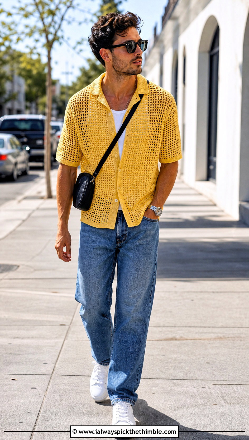 Button Down Crochet Mesh Shirt With Straight Leg Jeans - 20 Men Crochet Mesh Shirt outfit ideas