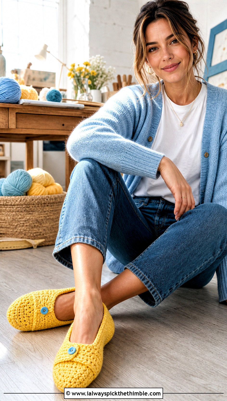 Button Flap Ballet Rectangle Crochet Slippers With Jeans And Cardigan - 20 Easy Crochet Slippers From A Rectangle outfit ideas