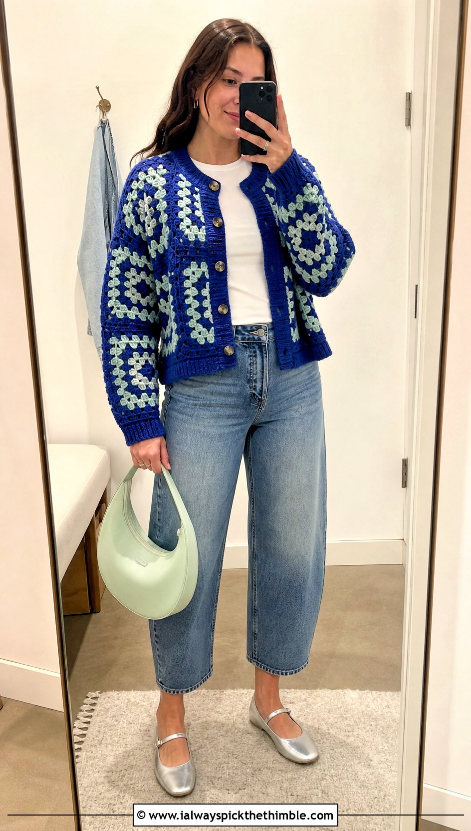 Button Front Big Granny Square Cardigan With Barrel Jeans - 25 Big Granny Square Cardigan outfit ideas