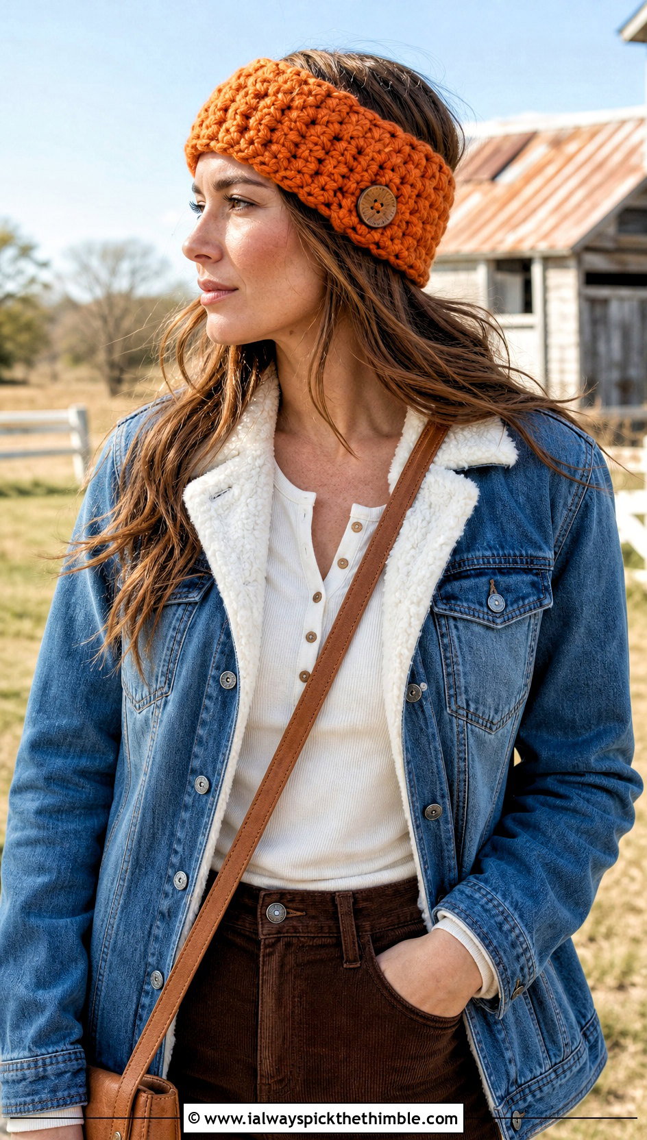 Button Front Bulky Yarn Crochet Ear Warmer With Denim Jacket - 20 Bulky Yarn Crochet Ear Warmer outfit ideas