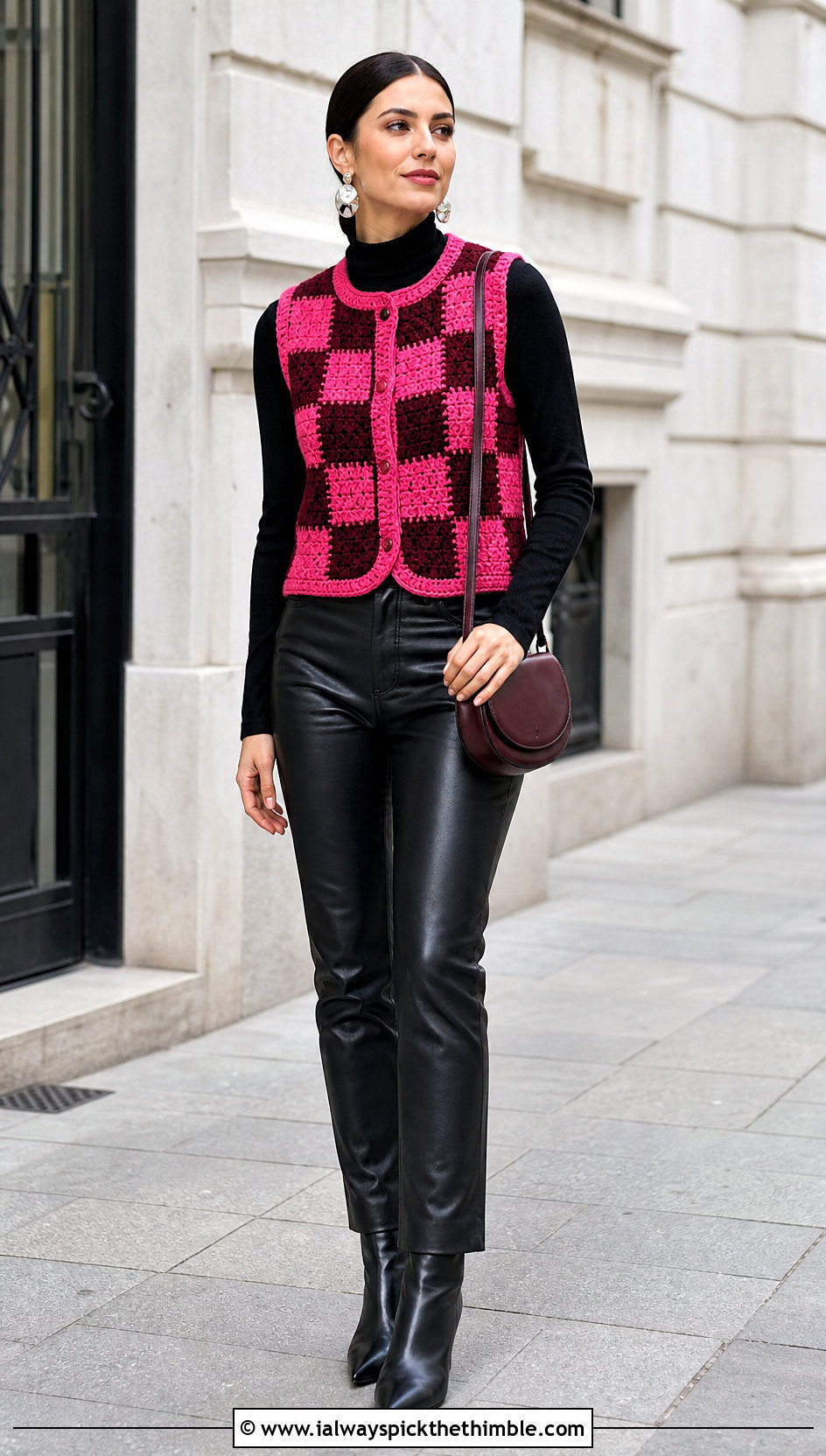 Button Front Checkered Crochet Vest With Leather Pants - 20 checkered crochet vest outfit ideas
