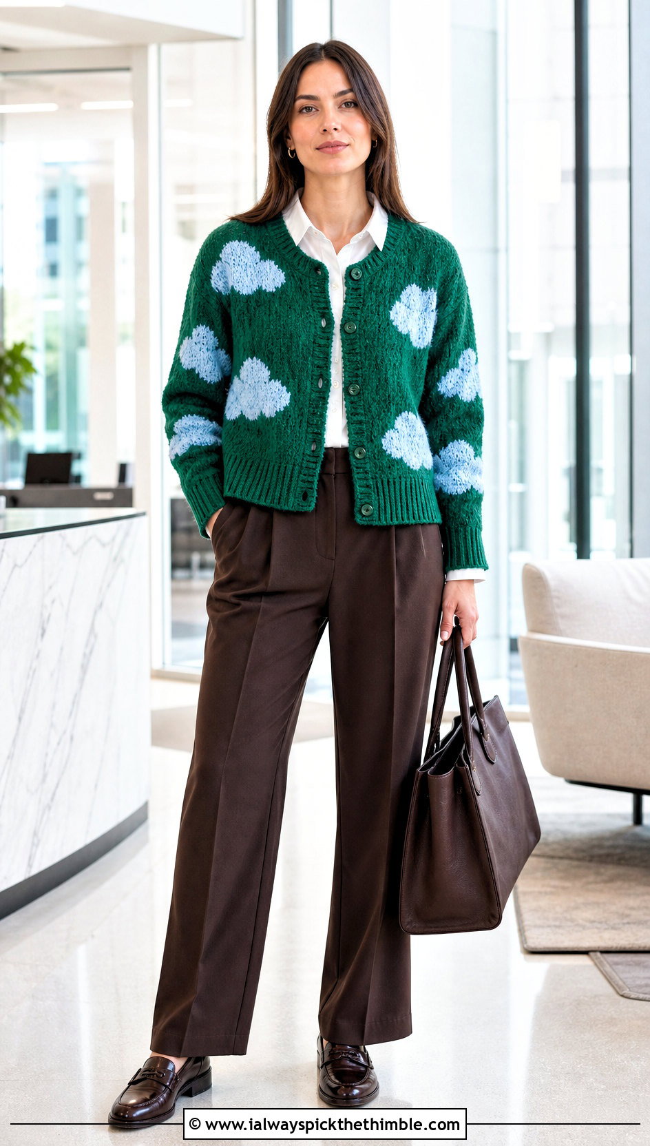 Button Front Cloud Cardigan With Pleated Trousers - 25 crochet cloud cardigan outfit ideas
