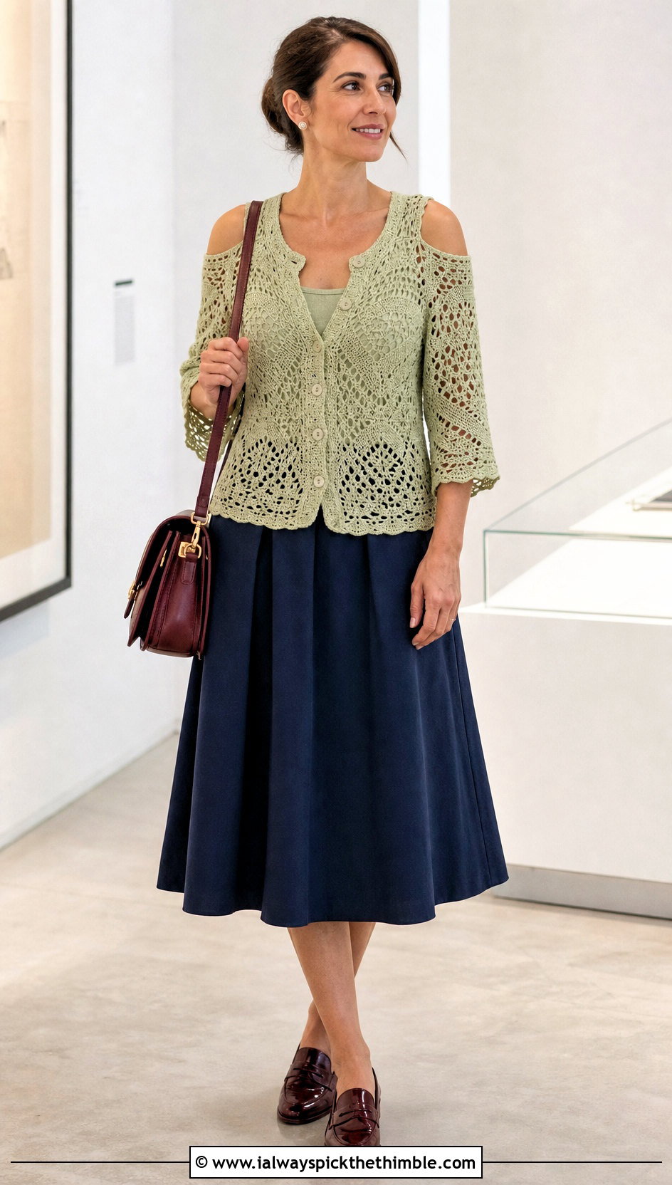 Button Front Cold Shoulder Crochet Top With A Line Skirt - 20 Cold Shoulder Crochet Top outfit ideas
