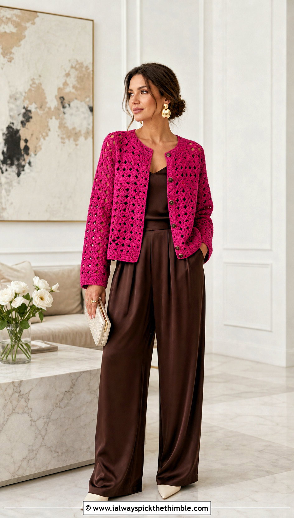 Button Front Continuous Granny Square Cardigan With Satin Trousers - 20 continuous granny square cardigan outfit ideas
