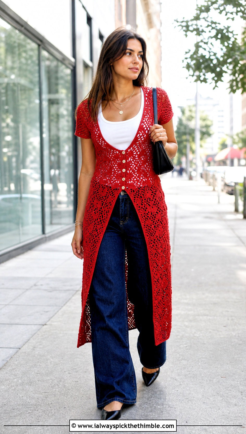 Button Front Crochet Babydoll Dress With Wide Leg Jeans - 25 crochet babydoll dress outfit ideas