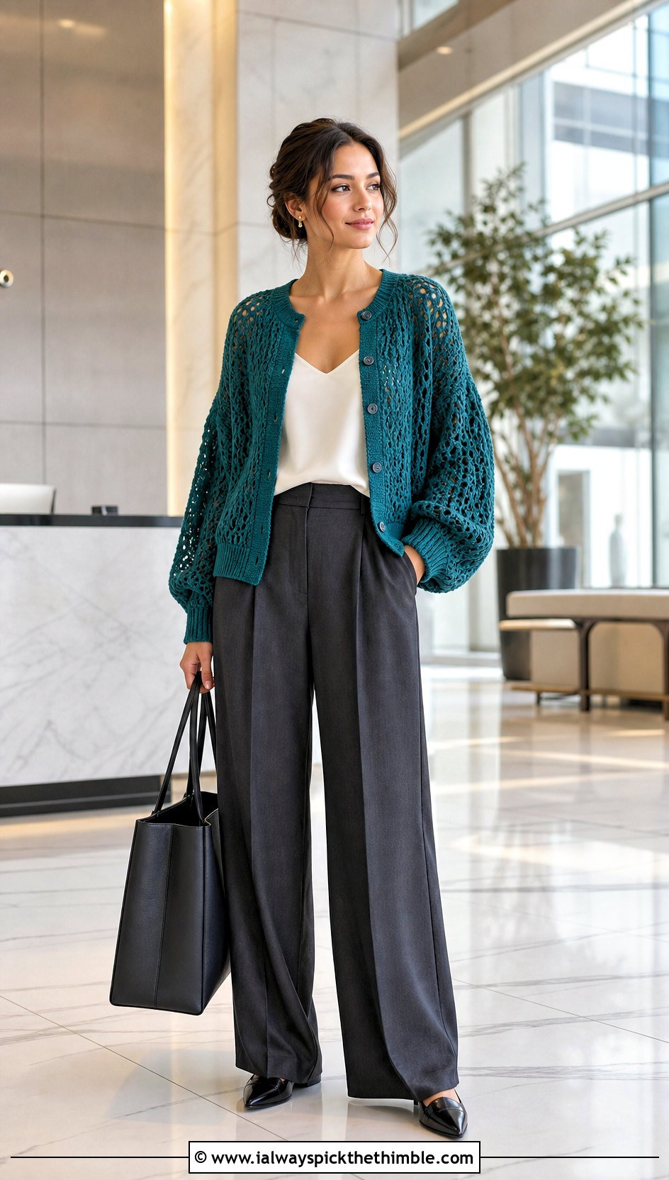 Button Front Crochet Balloon Sleeve Cardigan With Pleated Trousers - 20 crochet balloon sleeve cardigan outfit ideas