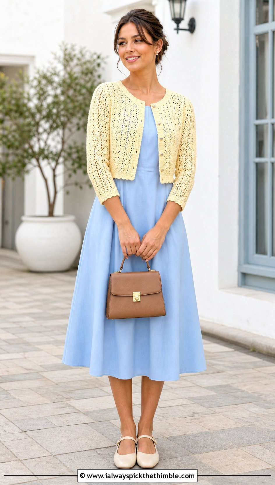 Button Front Crochet Bolero With A Line Dress - 20 Crochet Bolero Sweater outfit ideas