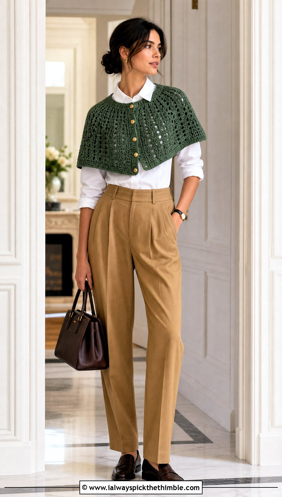 Button Front Crochet Capelet With Pleated Trousers - 25 crochet capelet outfit ideas