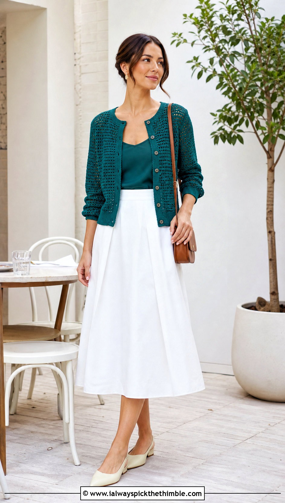 Button Front Crochet Cardigan With A Line Midi Skirt - 25 beginner crochet cardigan outfit ideas