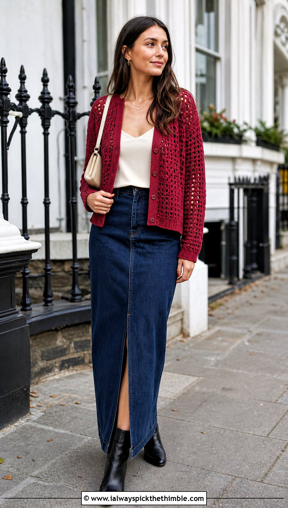 Button Front Crochet Cardigan With Denim Maxi Skirt - 20 Crochet Cardigan Outfit Aesthetic outfit ideas