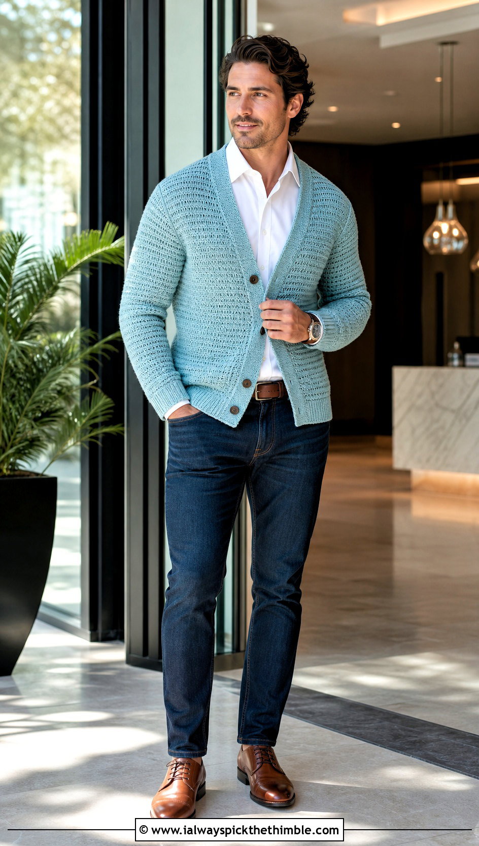 Button Front Crochet Cardigan With Dress Shirt And Dark Denim - 25 mens crochet cardigan outfit ideas