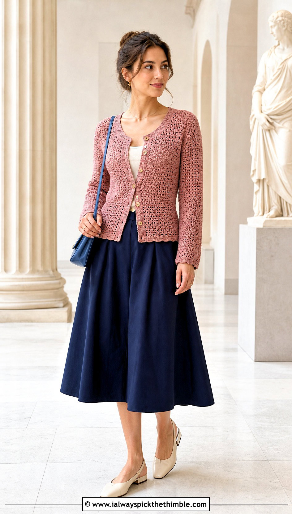 Button Front Crochet Cardigan With Midi Skirt - 25 easy crochet cardigan outfit ideas
