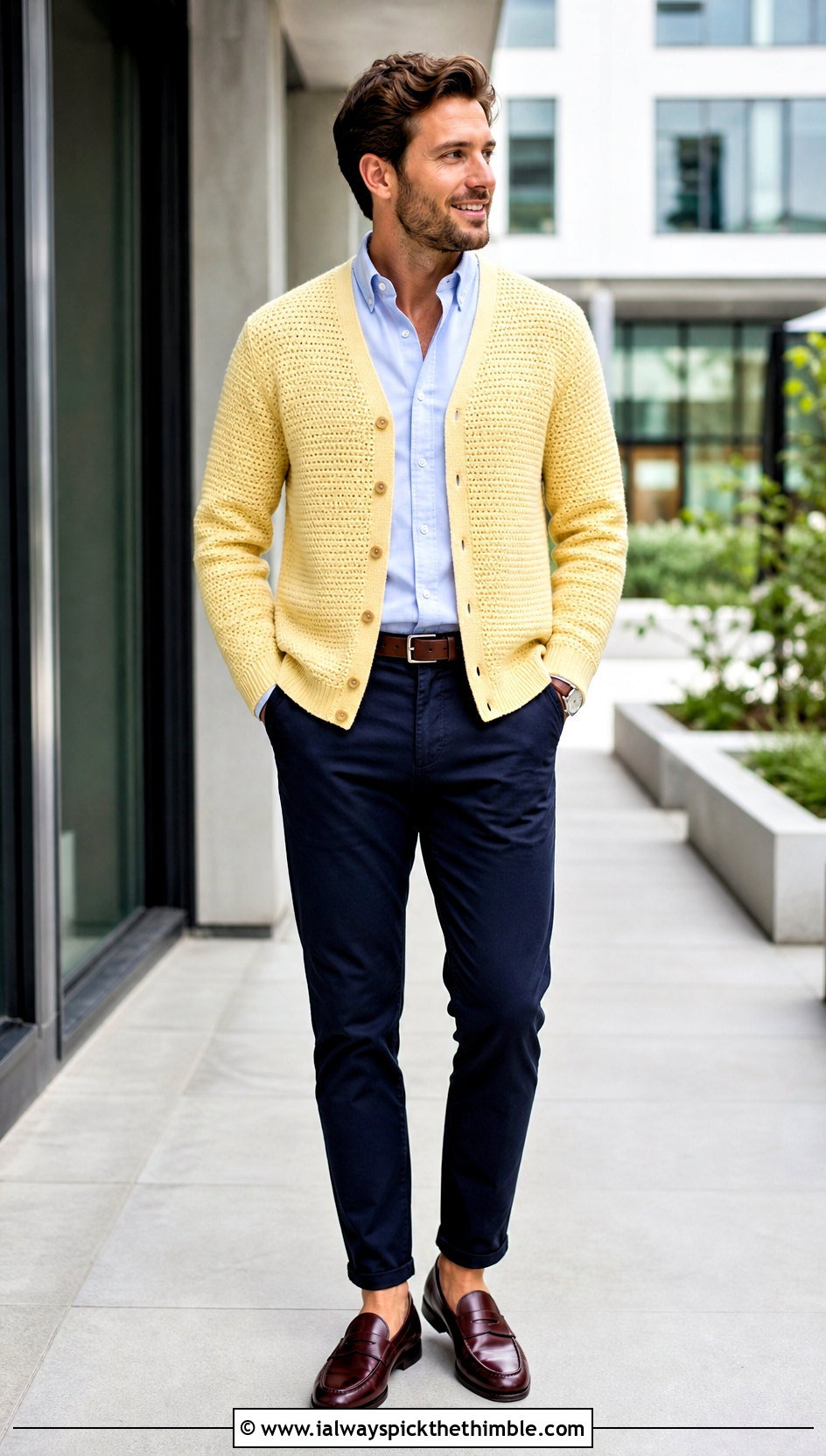 Button Front Crochet Cardigan With Oxford Shirt - 25 crochet cardigan men outfit ideas
