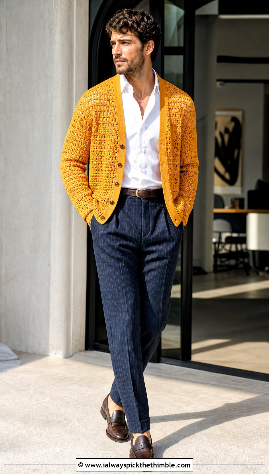 Button Front Crochet Cardigan With Pinstripe Pants - 20 mens crochet cardigan sweater outfit ideas