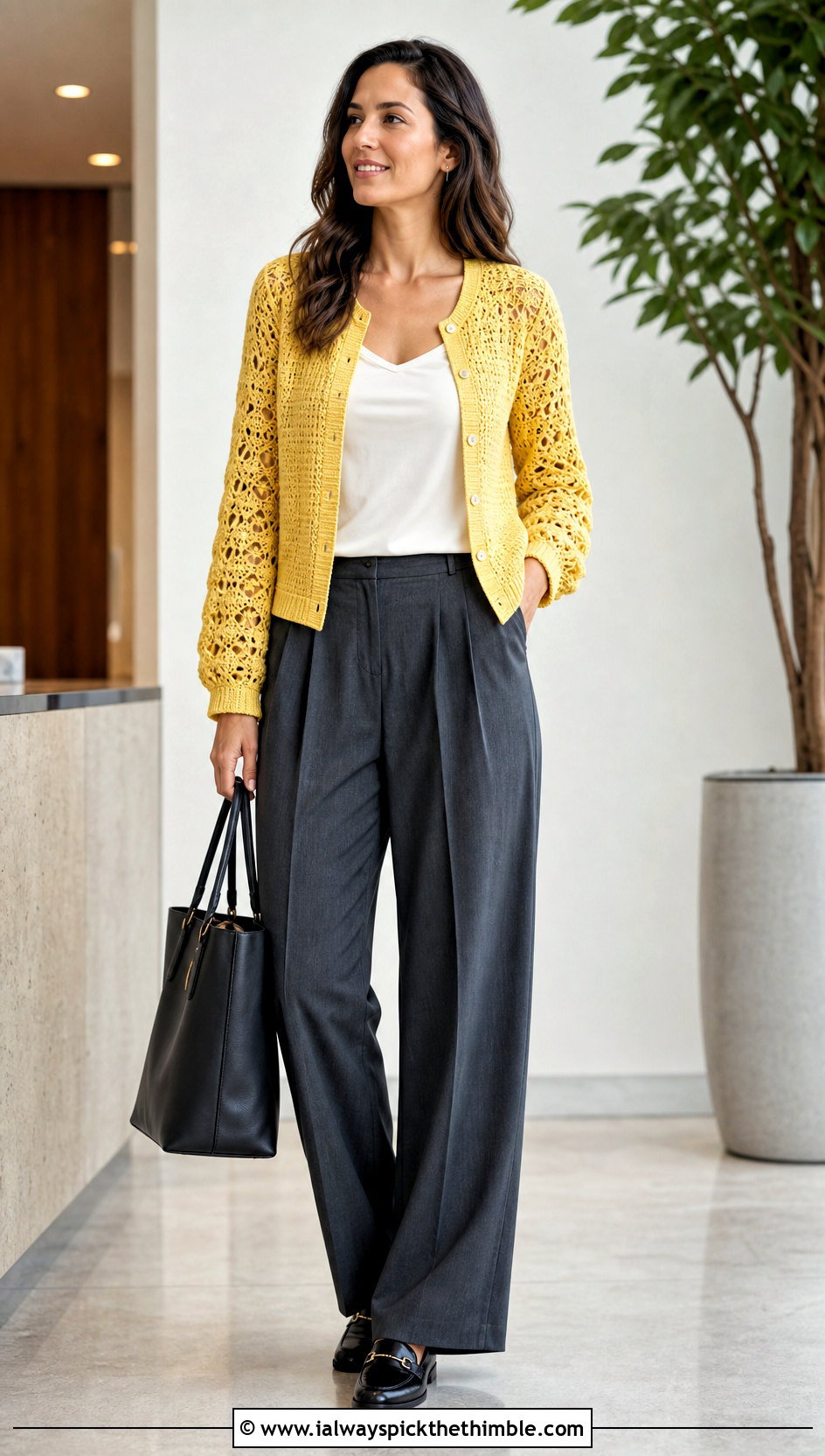 Button Front Crochet Cardigan With Shell Lace Sleeves And Trousers - 15 crochet cardigan with lace sleeves outfit ideas