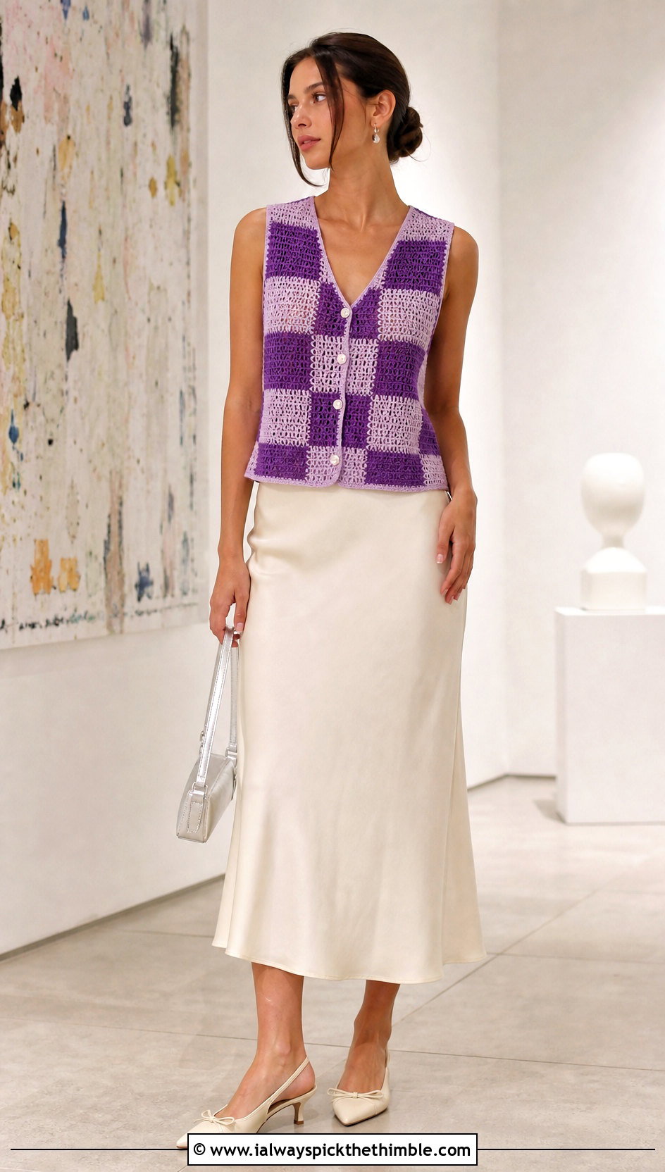 Button Front Crochet Checkered Vest With Satin Midi Skirt - 15 Crochet Checkered Vest outfit ideas