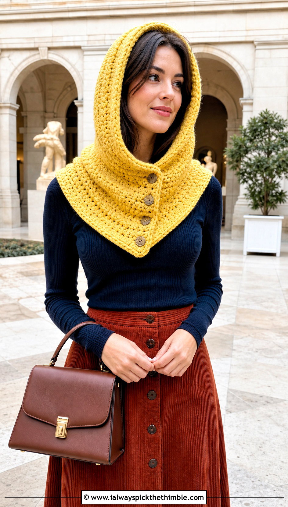 Button Front Crochet Cowl Hood With Midi Skirt - 20 crochet cowl hood outfit ideas