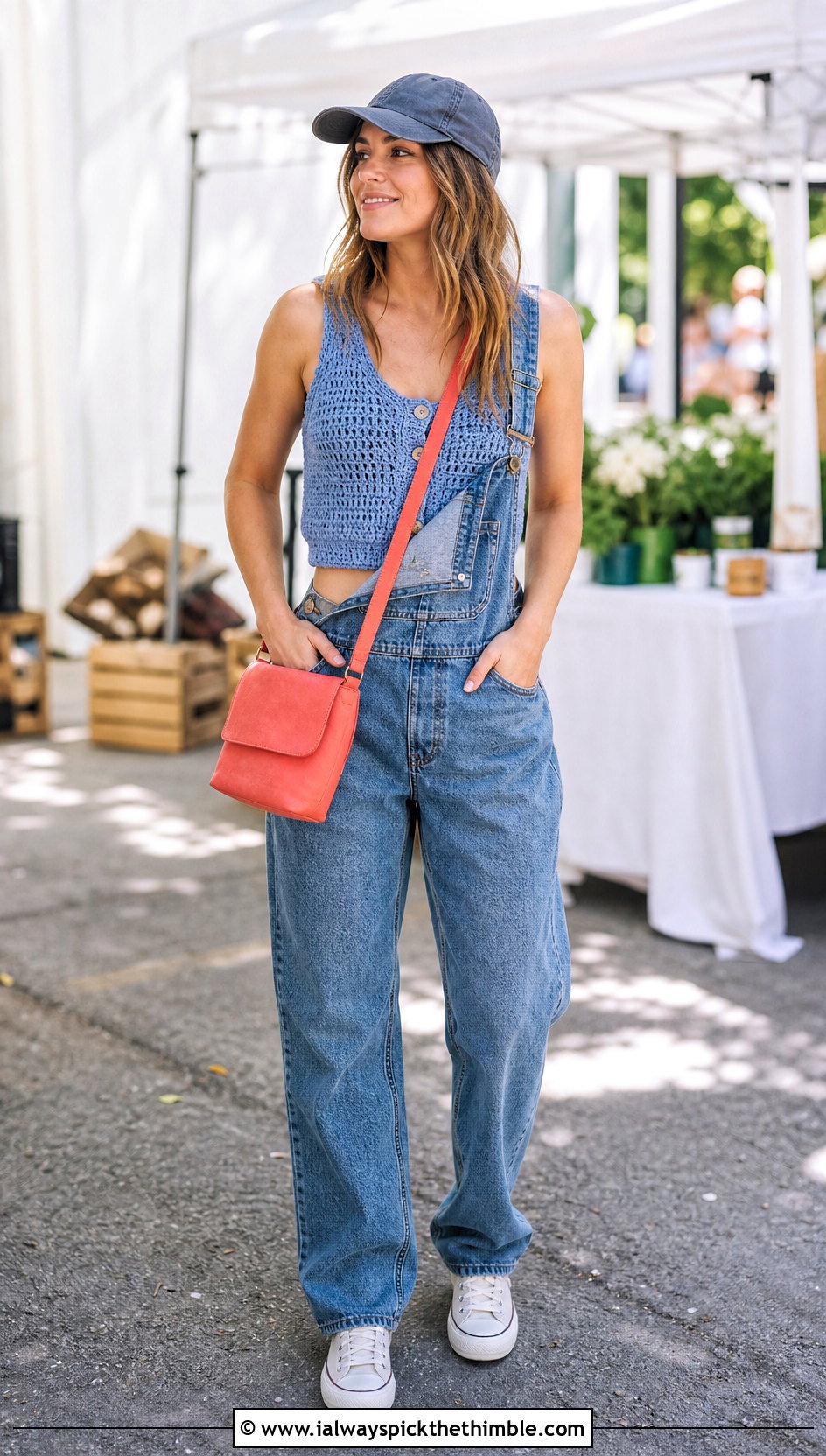 Button Front Crochet Crop Top With Denim Overalls - 15 crochet crop tops for women outfit ideas
