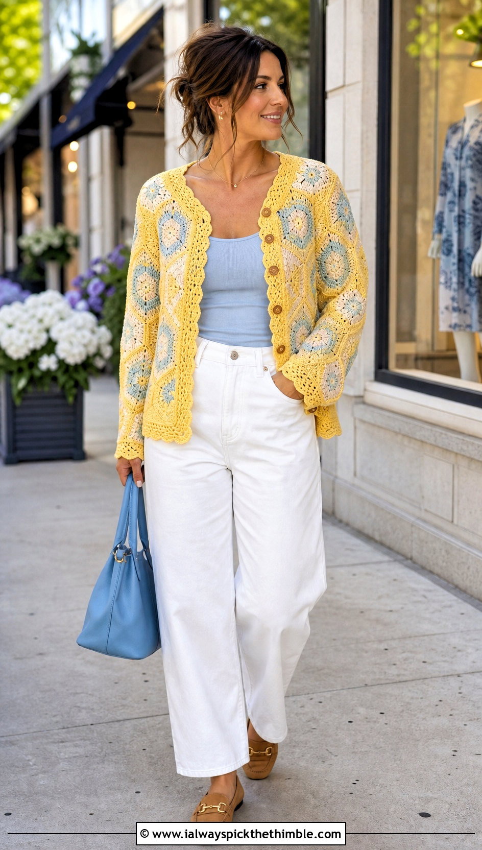 Button Front Crochet Hexagon Hoodie With White Jeans - 20 crochet hexagon hoodie outfit ideas