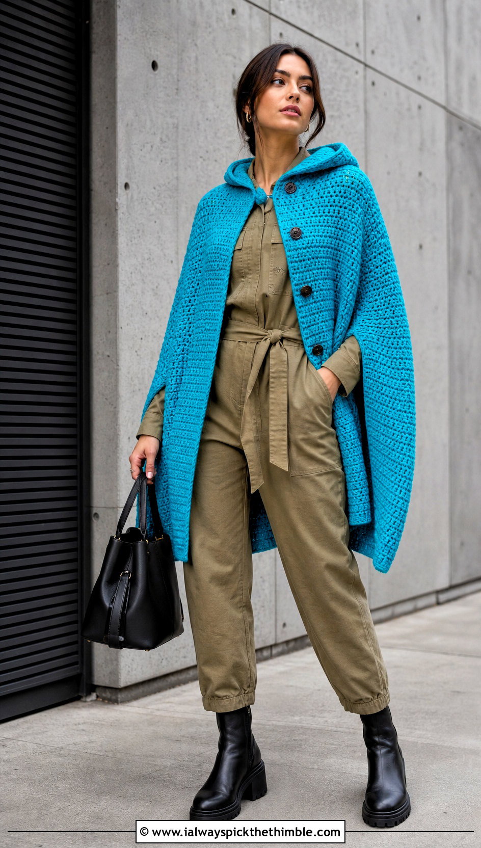 Button Front Crochet Hooded Cape With Utility Jumpsuit - 25 crochet hooded cape outfit ideas