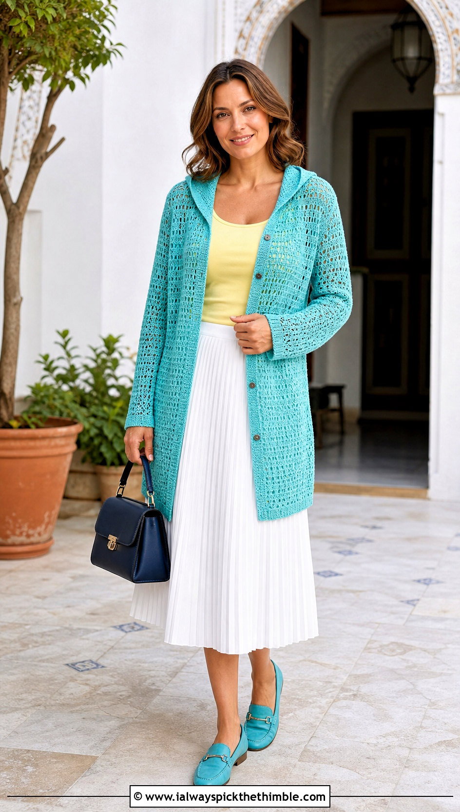 Button Front Crochet Hooded Cardigan With Pleated Midi Skirt - 25 crochet hooded cardigan outfit ideas