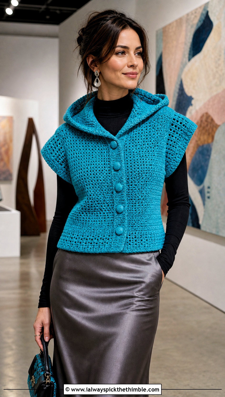 Button Front Crochet Hooded Cowl With Satin Skirt - 20 easy crochet hooded cowl outfit ideas