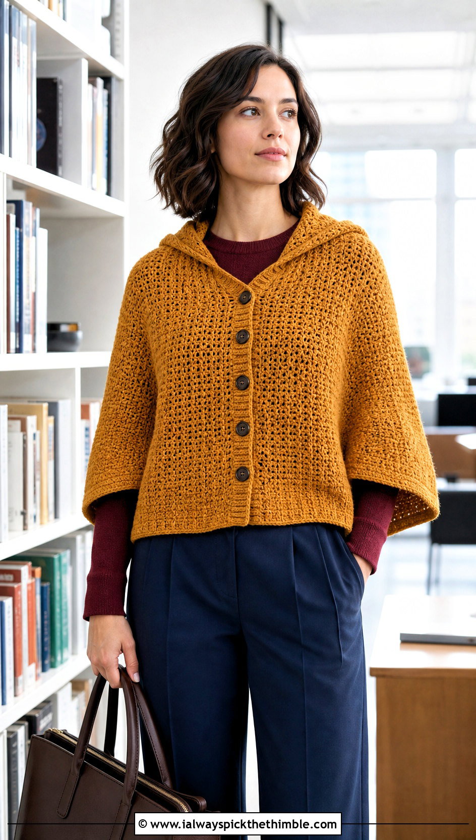 Button Front Crochet Hooded Shawl With Pleated Trousers - 25 crochet hooded shawl outfit ideas