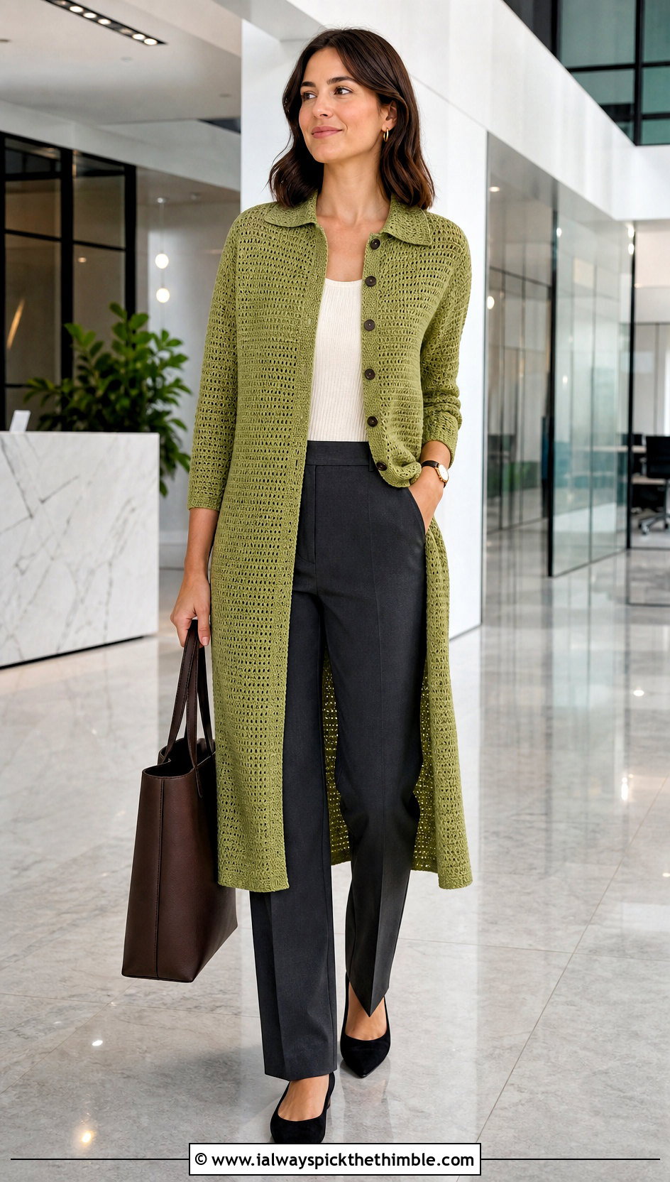 Button Front Crochet Jumper Dress With Tailored Trousers - 15 Crochet Jumper Dress outfit ideas