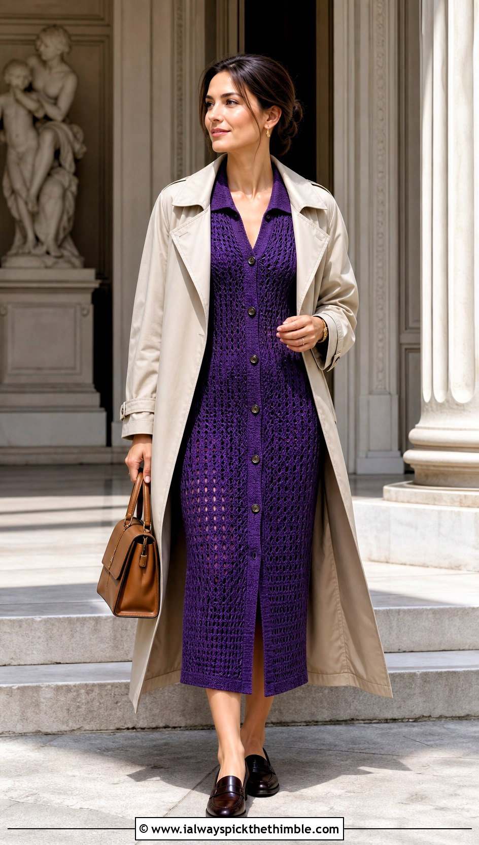 Button Front Crochet Knit Midi Dress With Trench Coat - 25 Crochet Knit Dress outfit ideas