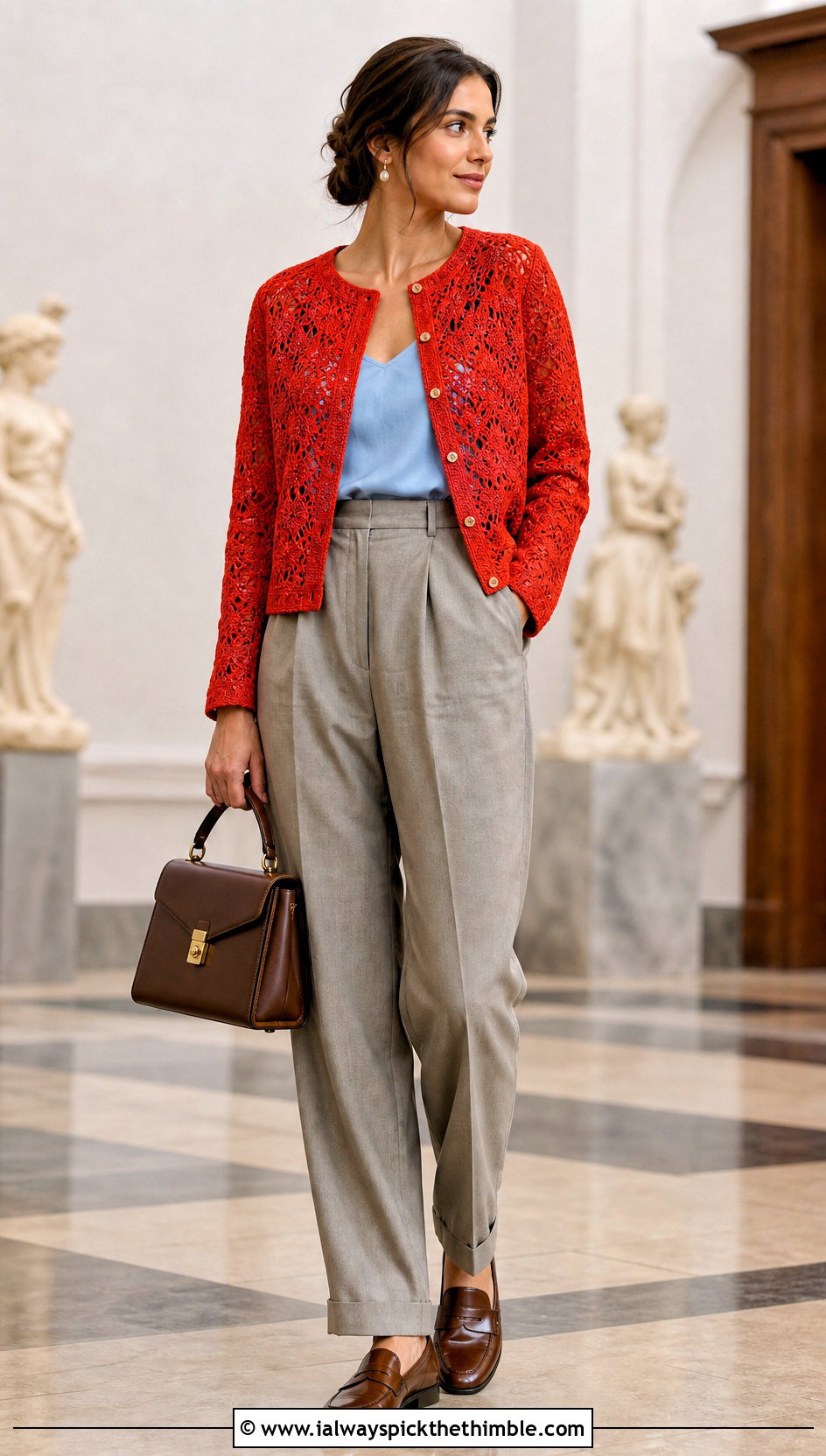Button Front Crochet Lace Jacket With Pleated Trousers - 25 crochet lace jacket outfit ideas