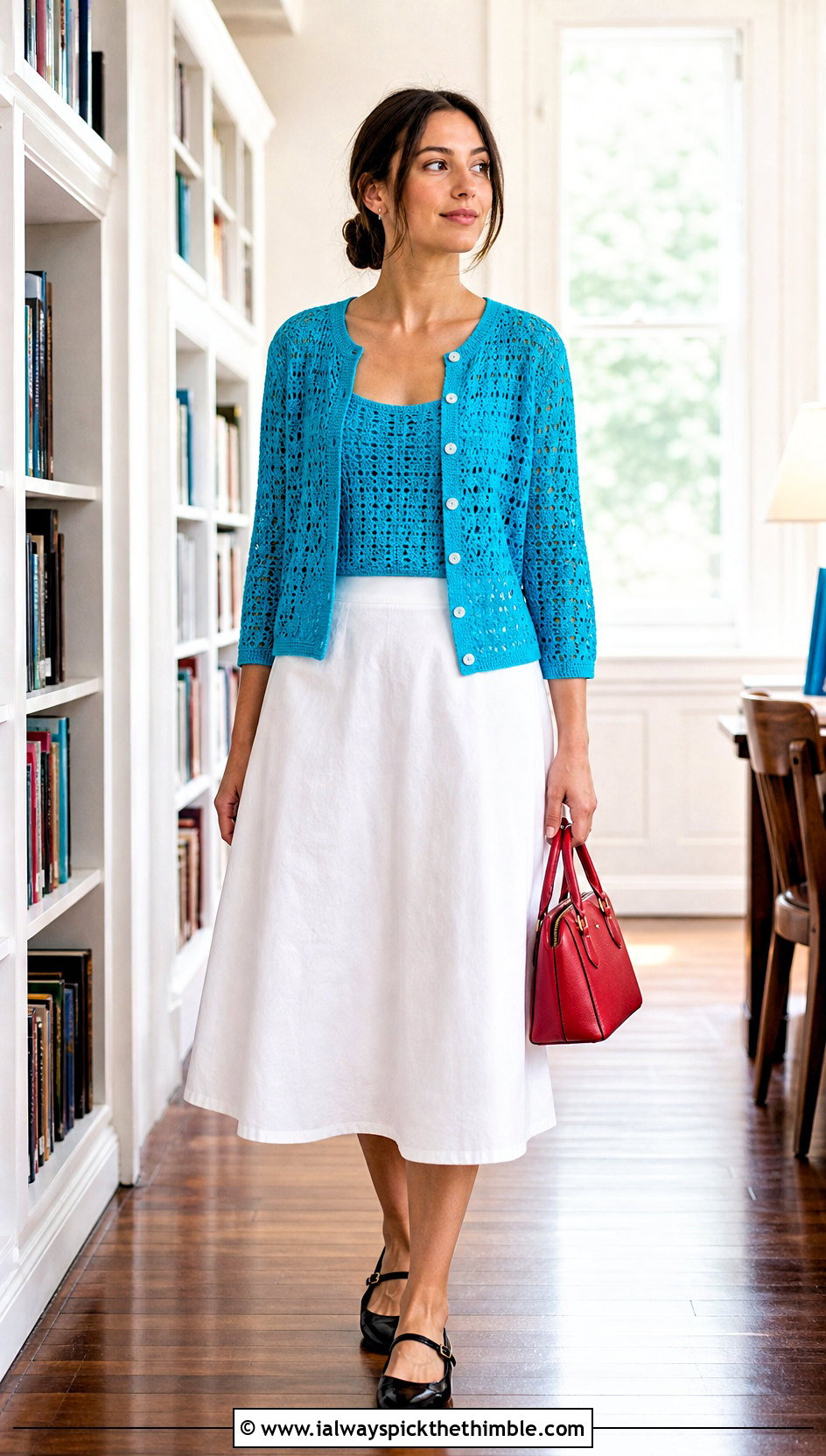 Button Front Crochet Lightweight Cardigan With A Line Skirt - 20 Crochet Lightweight Cardigan outfit ideas