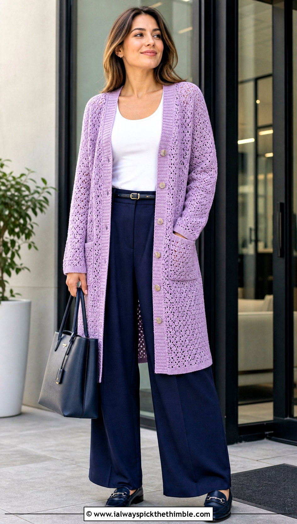 Button Front Crochet Long Cardigan With Pleated Pants - 15 crochet long cardigan with pockets outfit ideas