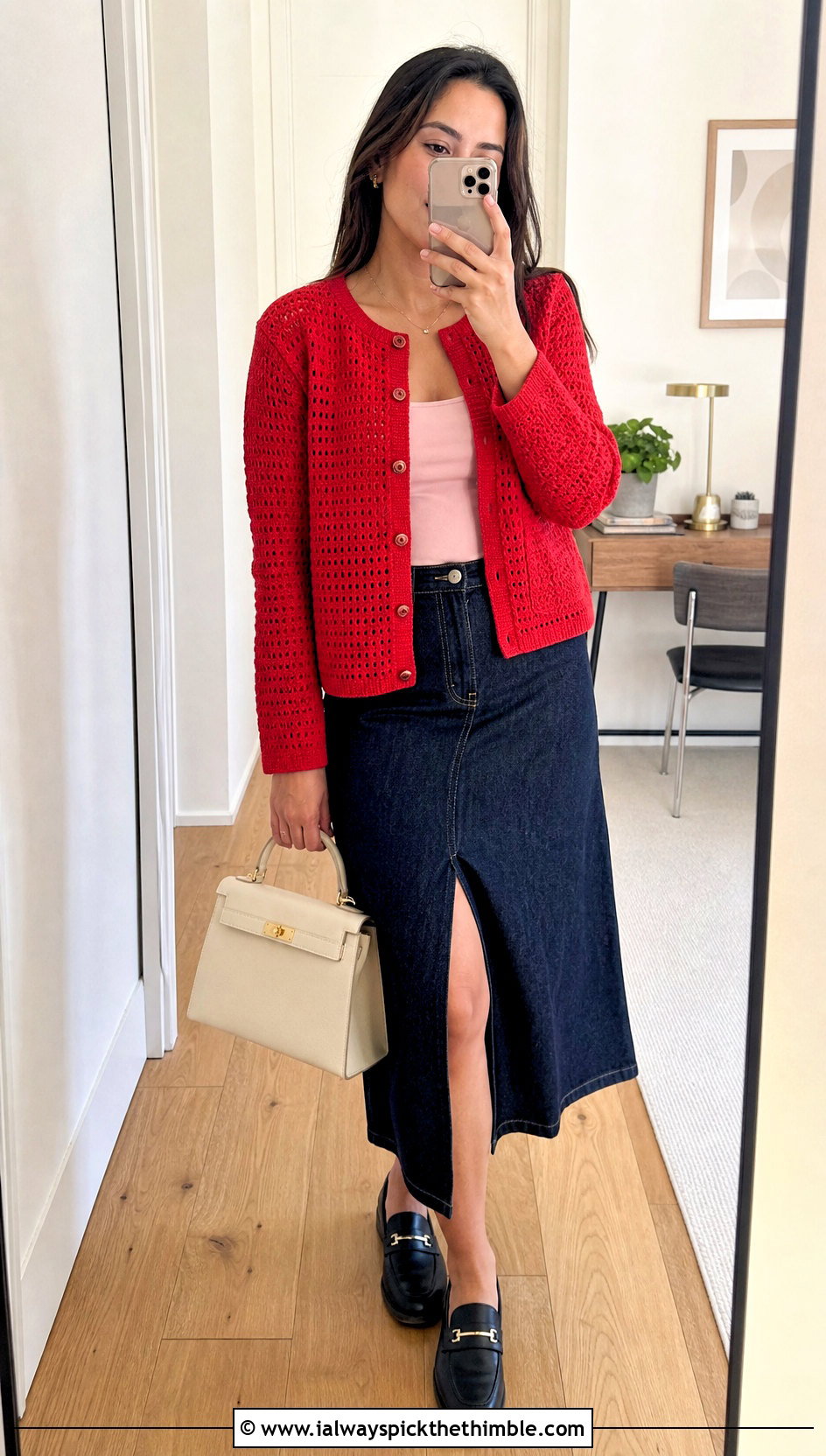 Button Front Crochet Long Sleeve Cardigan With Denim Midi Skirt - 20 Crochet Long Sleeve Cardigan outfit ideas