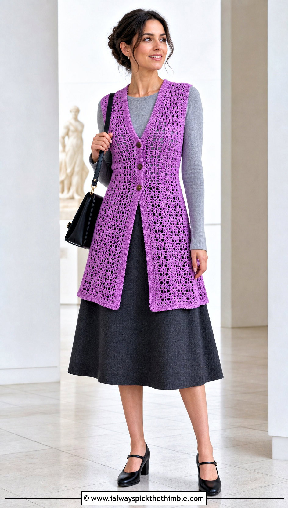 Button Front Crochet Long Vest With Midi Skirt - 25 Crochet Long Vest outfit ideas