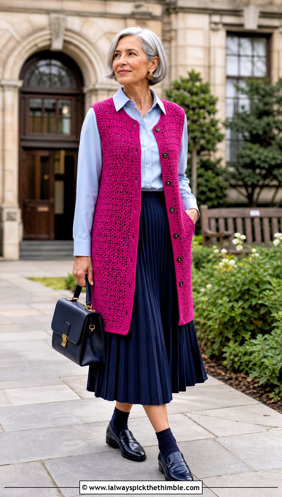 Button Front Crochet Long Vest With Pleated Midi Skirt - 20 Easy Crochet Long Vest outfit ideas