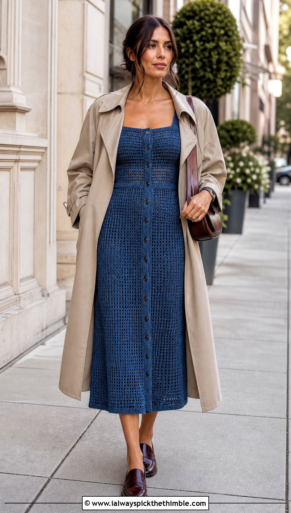 Button Front Crochet Milkmaid Dress With Trench Coat - 20 crochet milkmaid dress outfit ideas