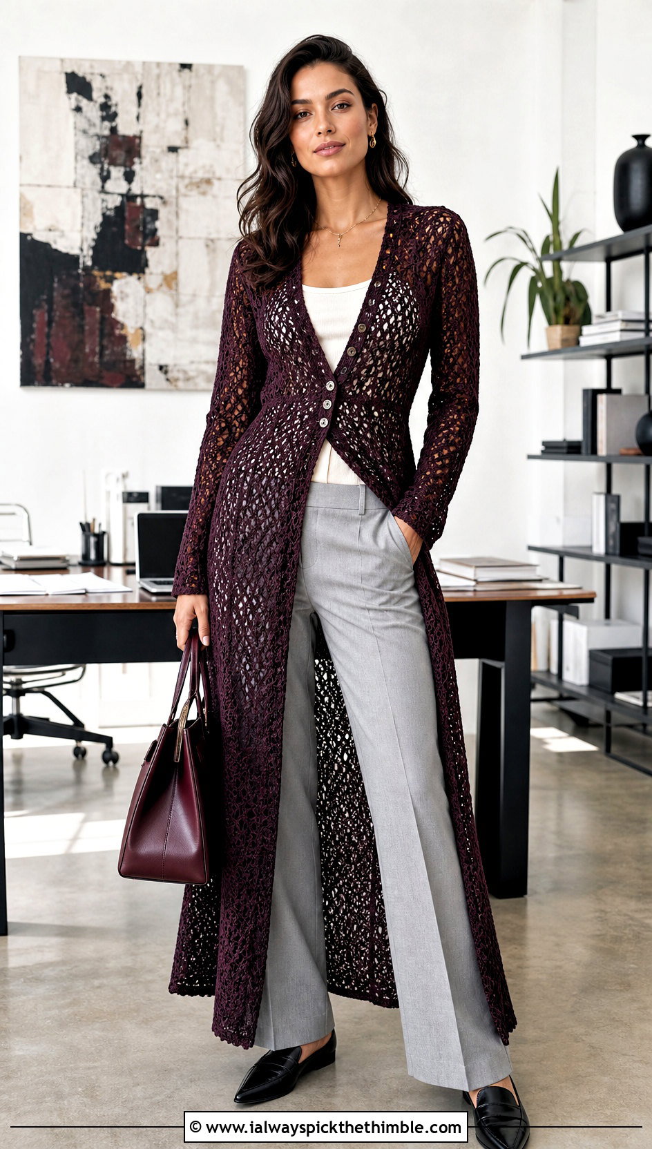 Button Front Crochet Nightgown With Tailored Trousers - 25 crochet nightgown outfit ideas