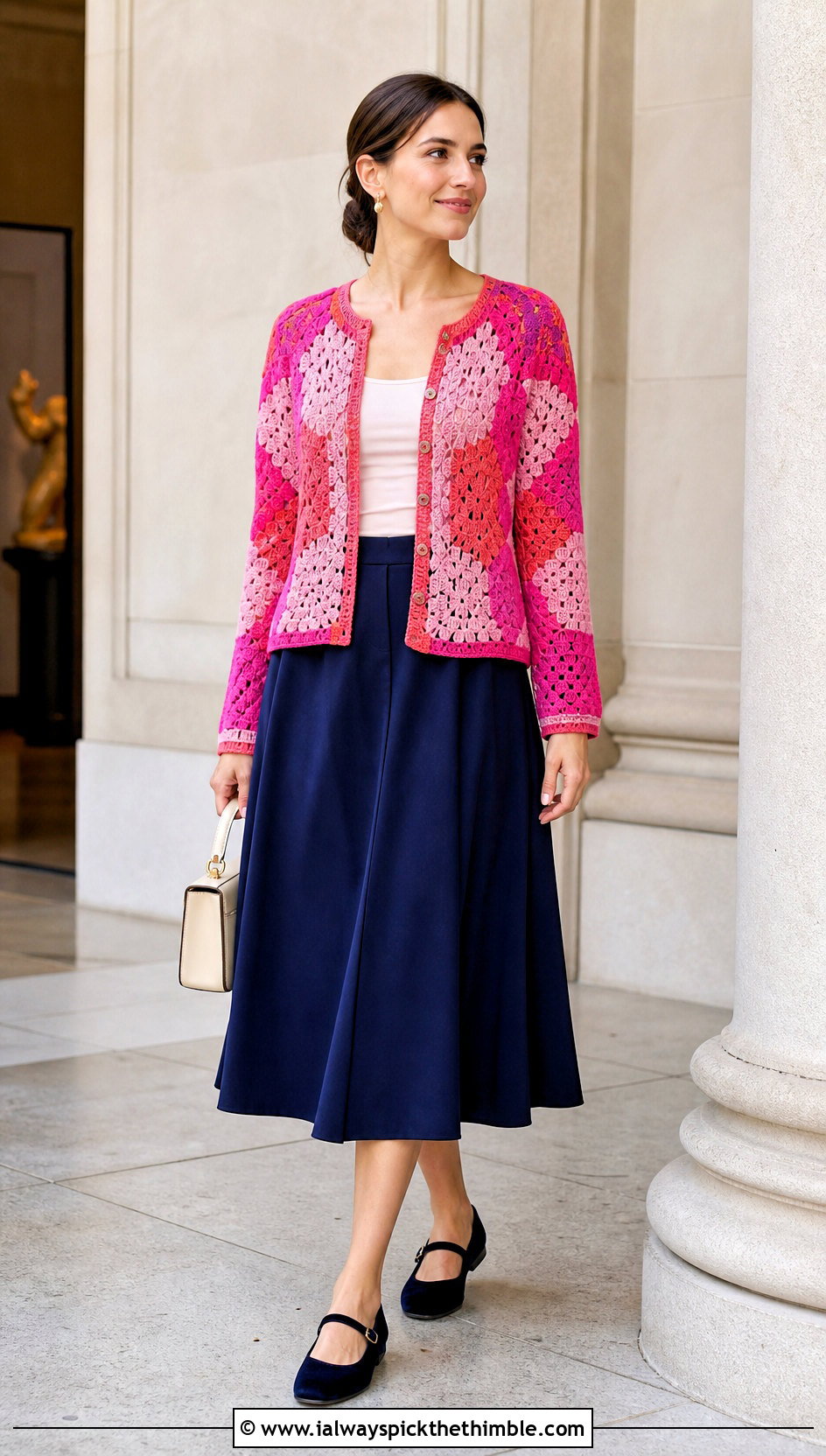Button Front Crochet Patchwork Cardigan With A Line Skirt - 25 crochet patchwork cardigan outfit ideas
