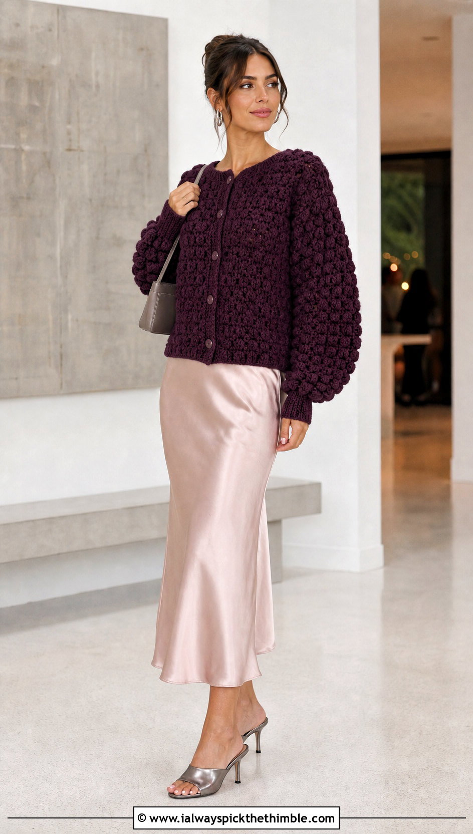Button Front Crochet Puff Stitch Sweater With Bias Midi Skirt - 20 Crochet Puff Stitch Sweater outfit ideas